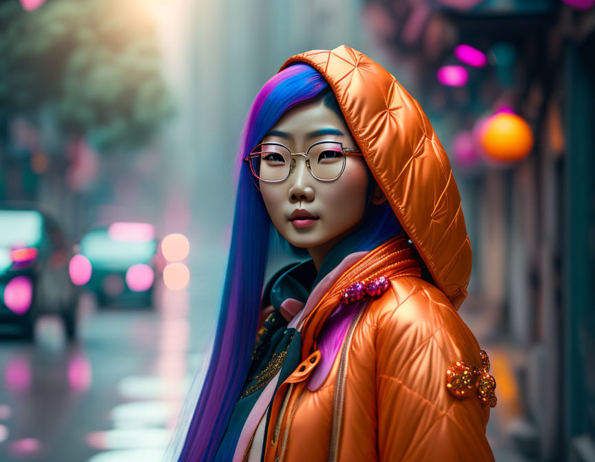 Woman with Blue and Purple Hair in Orange Hooded Jacket on City Street