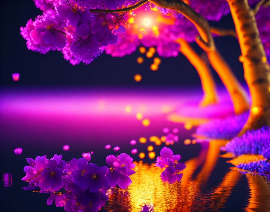 Fantasy landscape: Glowing purple trees and flowers by tranquil water