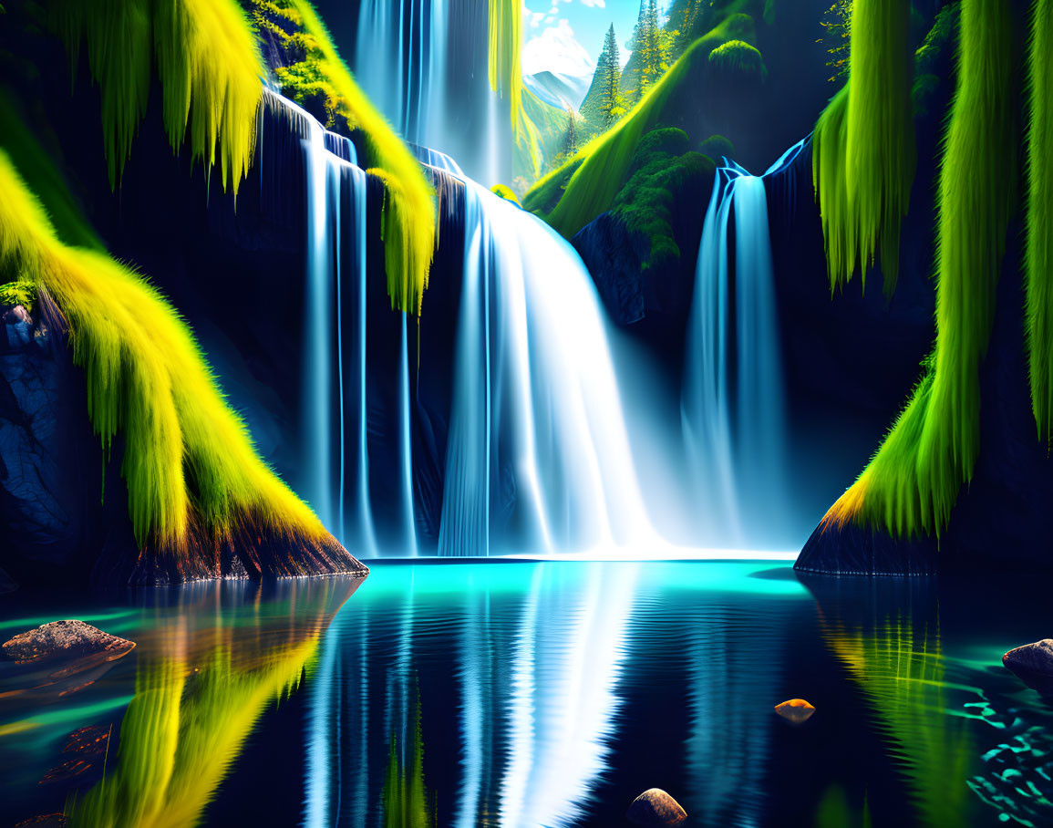 Digital Art: Serene Waterfall with Lush Green Moss