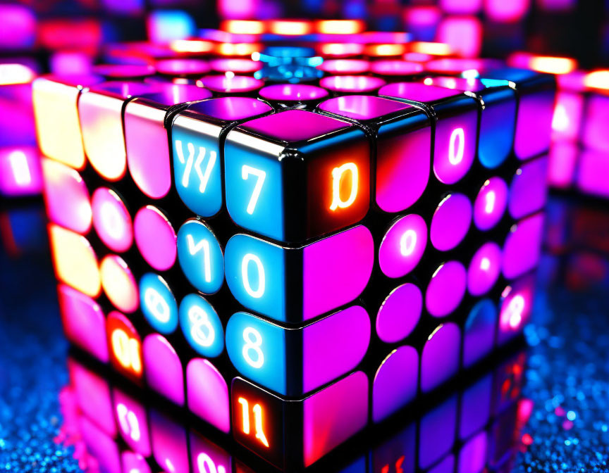 Neon-lit Rubik's Cube with numbers and symbols on bokeh background