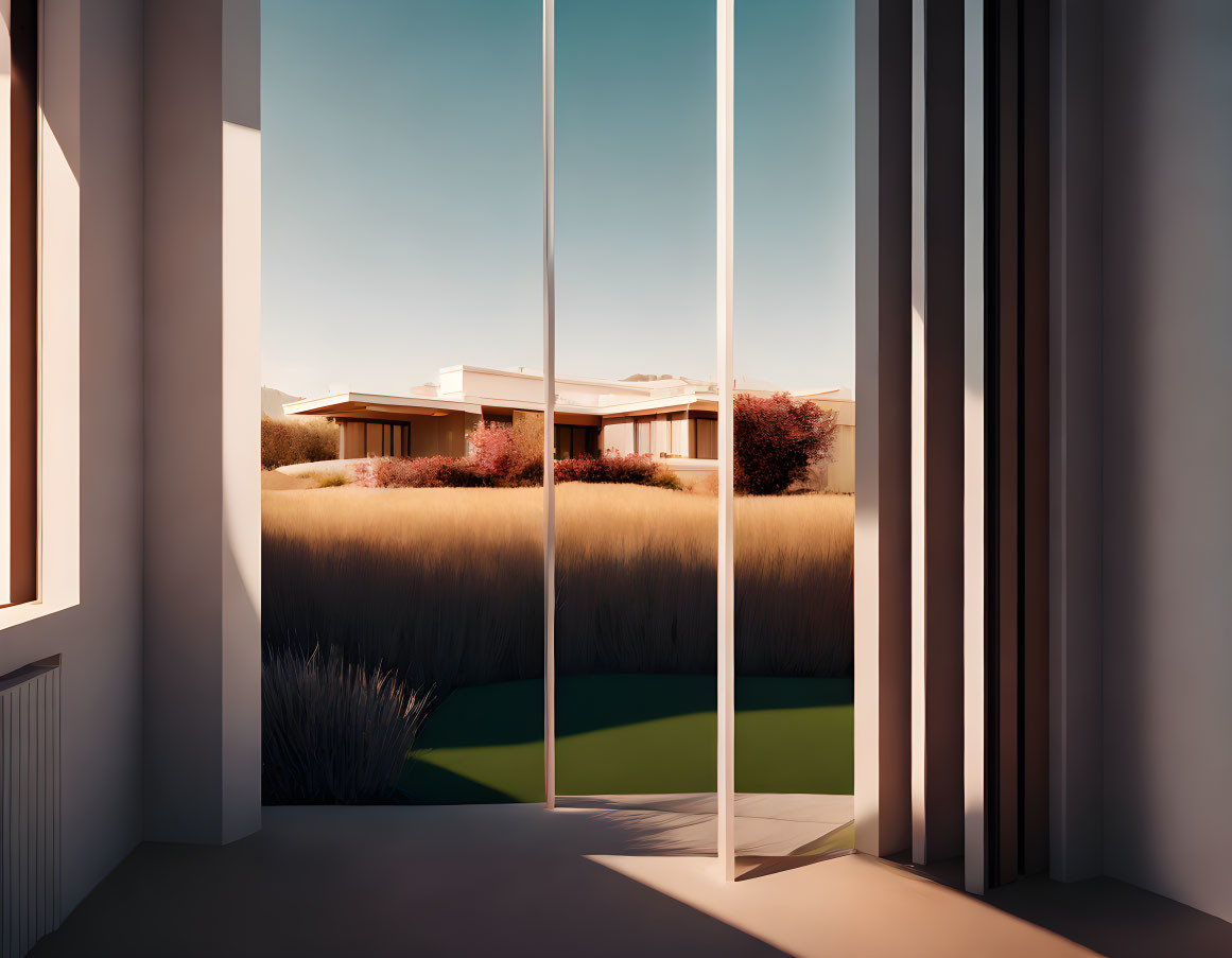 Modern house in tall grass under warm light at sunrise/sunset