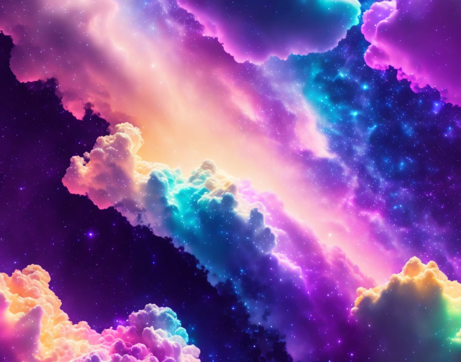 Colorful cosmic scene with blue, orange, and purple clouds against starry backdrop