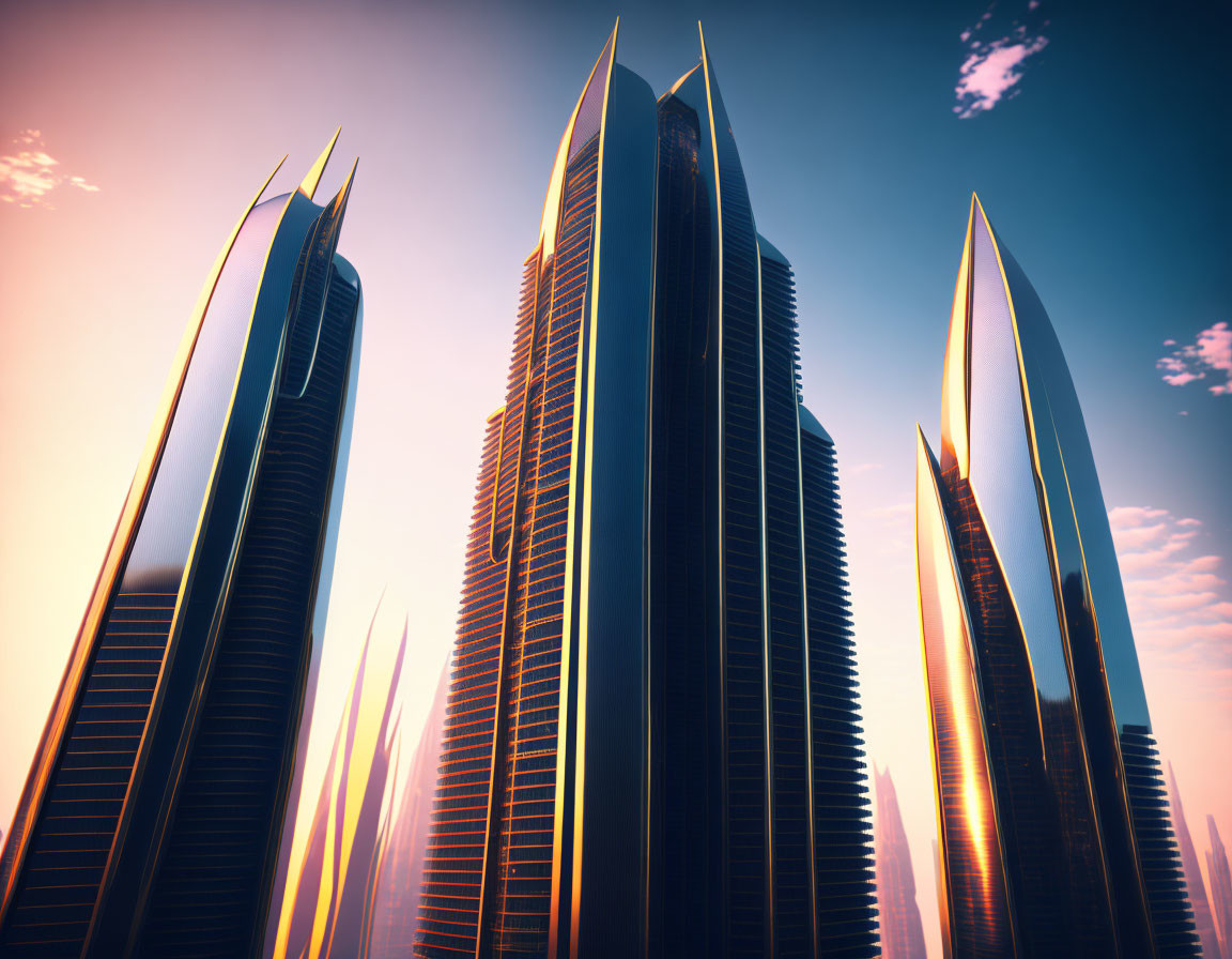 Sleek futuristic skyscrapers against warm-hued sky