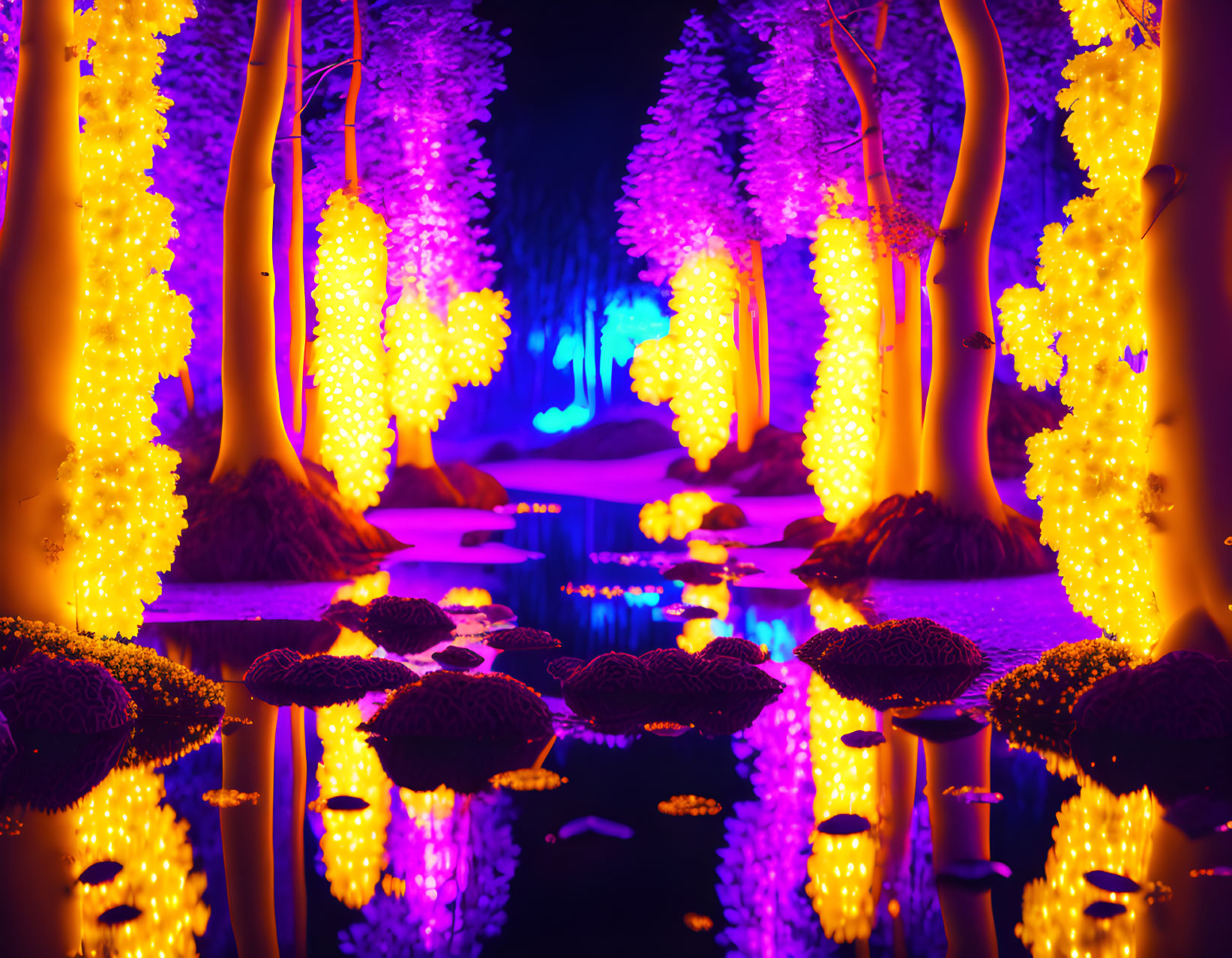 Colorful Forest Scene Illuminated by Neon Lights and Reflecting in Water