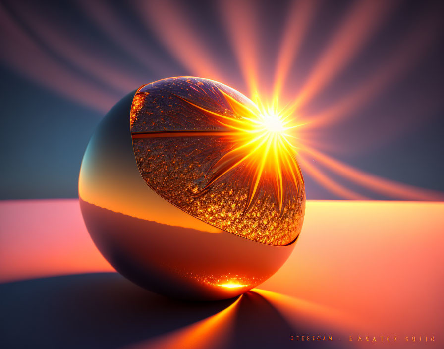 3D rendered image of glossy divided sphere with illuminated crack and golden core on blue-orange backdrop