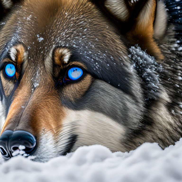 Striking blue-eyed husky in snow with snowflakes on fur