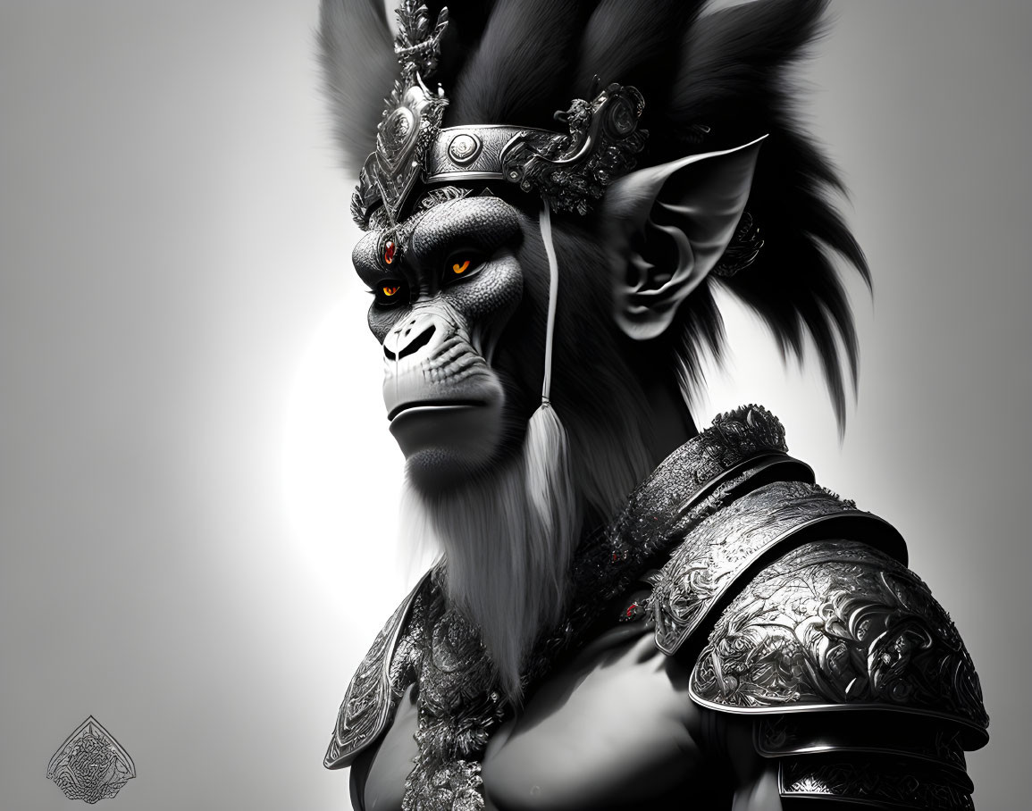 Regal Baboon Warrior with Silver Crown and Armor