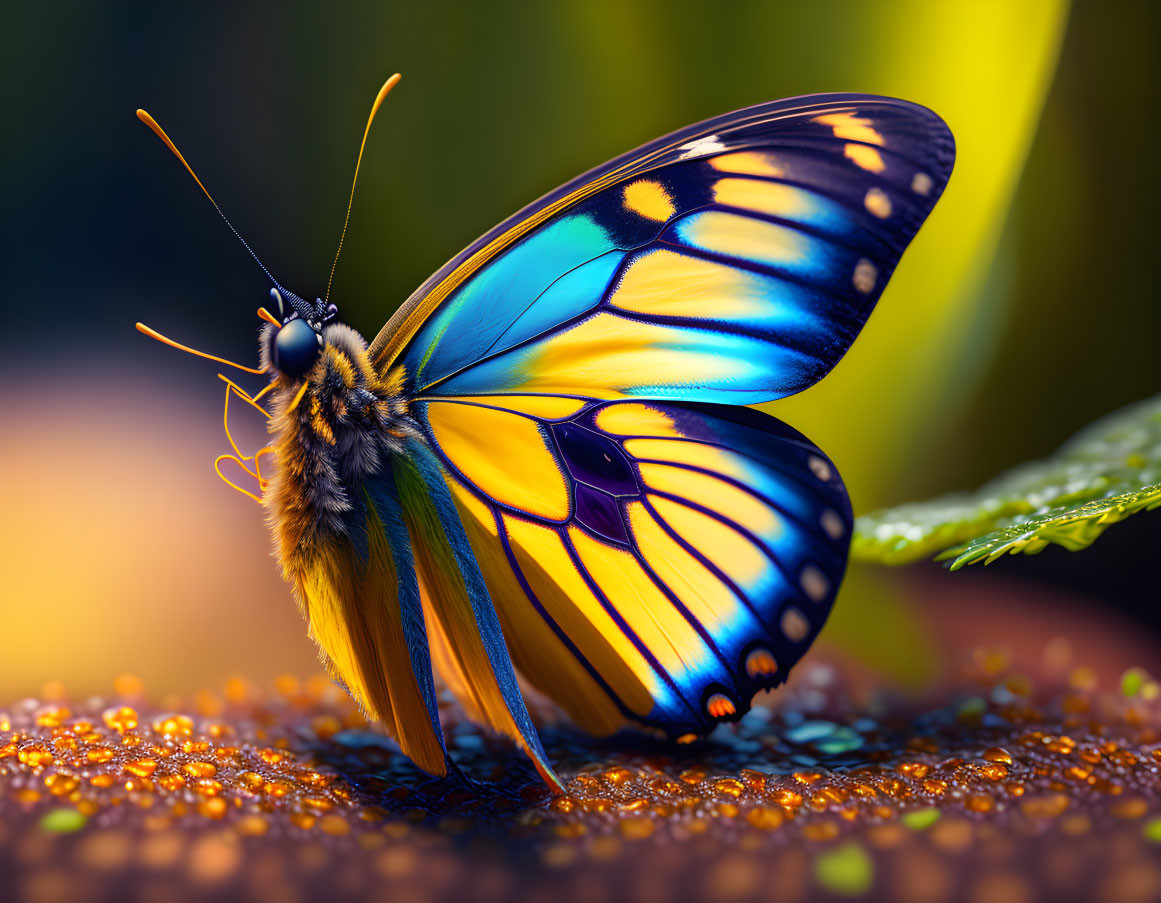 Colorful Butterfly with Yellow and Blue Patterns Resting on Textured Ground