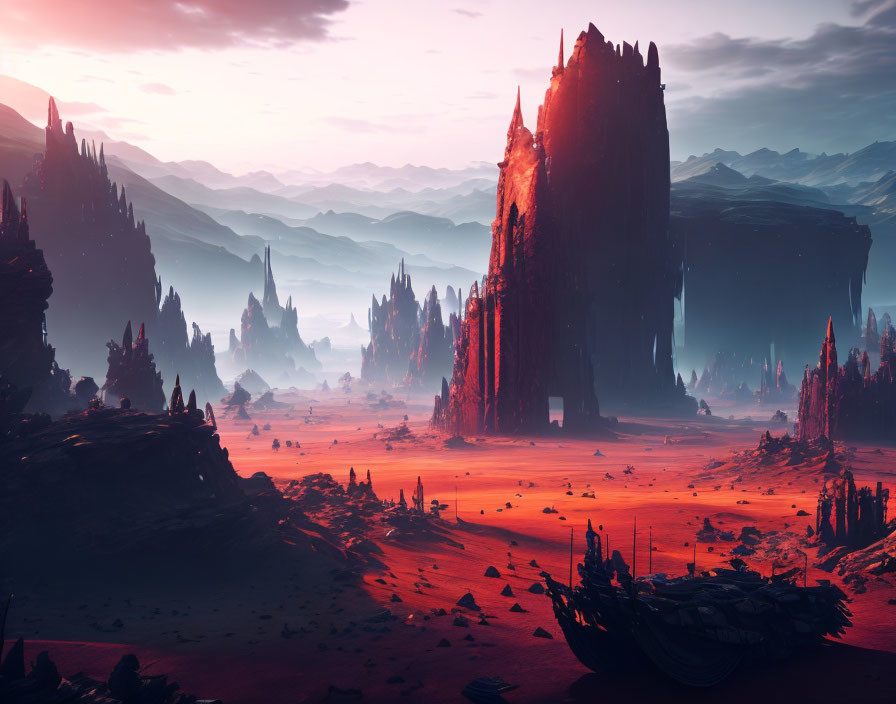 Alien landscape with crimson spires, derelict spacecraft, reddish ground, dusky sky