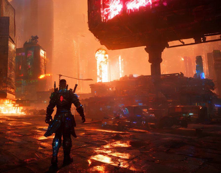 Futuristic warrior in neon-lit, rain-soaked city with towering structures