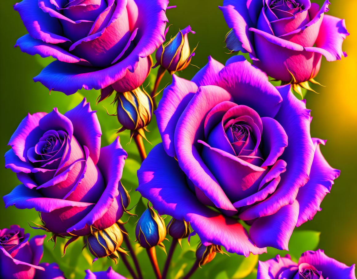 Colorful Purple and Blue Roses on Green Background