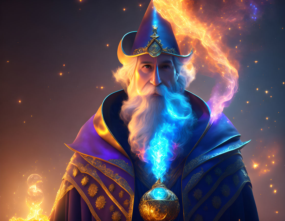 Wizard illustration with white beard, ornate hat, robes, and magical staff.