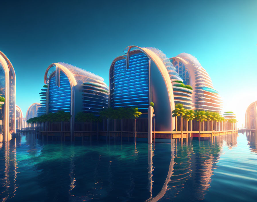 Curved skyscrapers and palm trees in futuristic cityscape