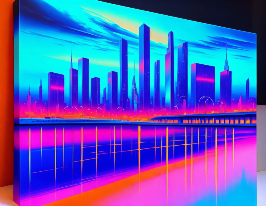 Futuristic cityscape artwork with vibrant neon colors and dynamic sky