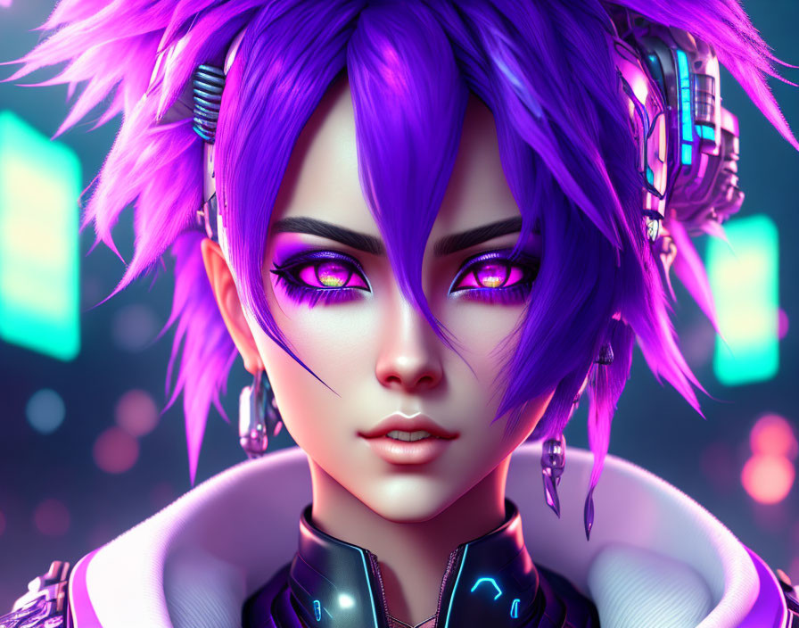 Digital Artwork: Female Character with Purple Hair and Futuristic Headphones