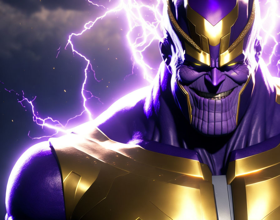 Purple-skinned character in golden armor smirking with purple lightning.