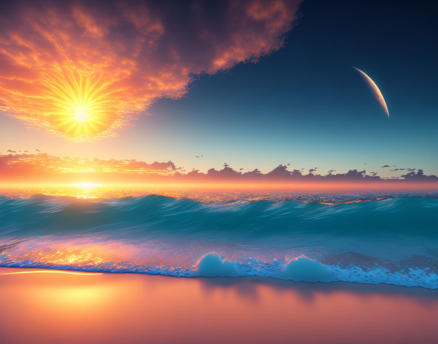 Colorful Beach Sunset with Waves and Sky Elements