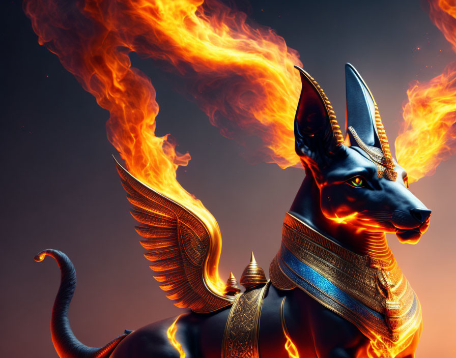 Black Anubis Statue with Golden Adornments and Fiery Wings on Dark Background