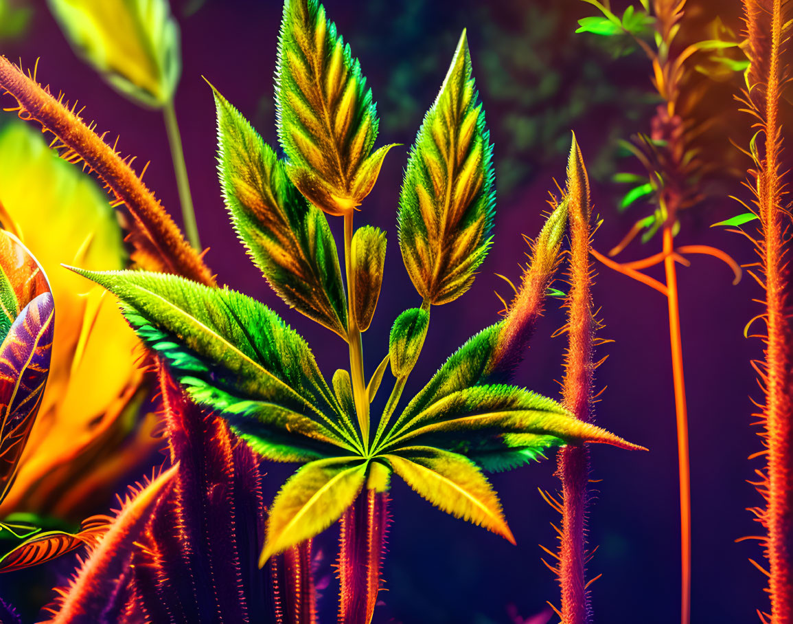 Lush green plants with intricate leaves under warm colorful lighting