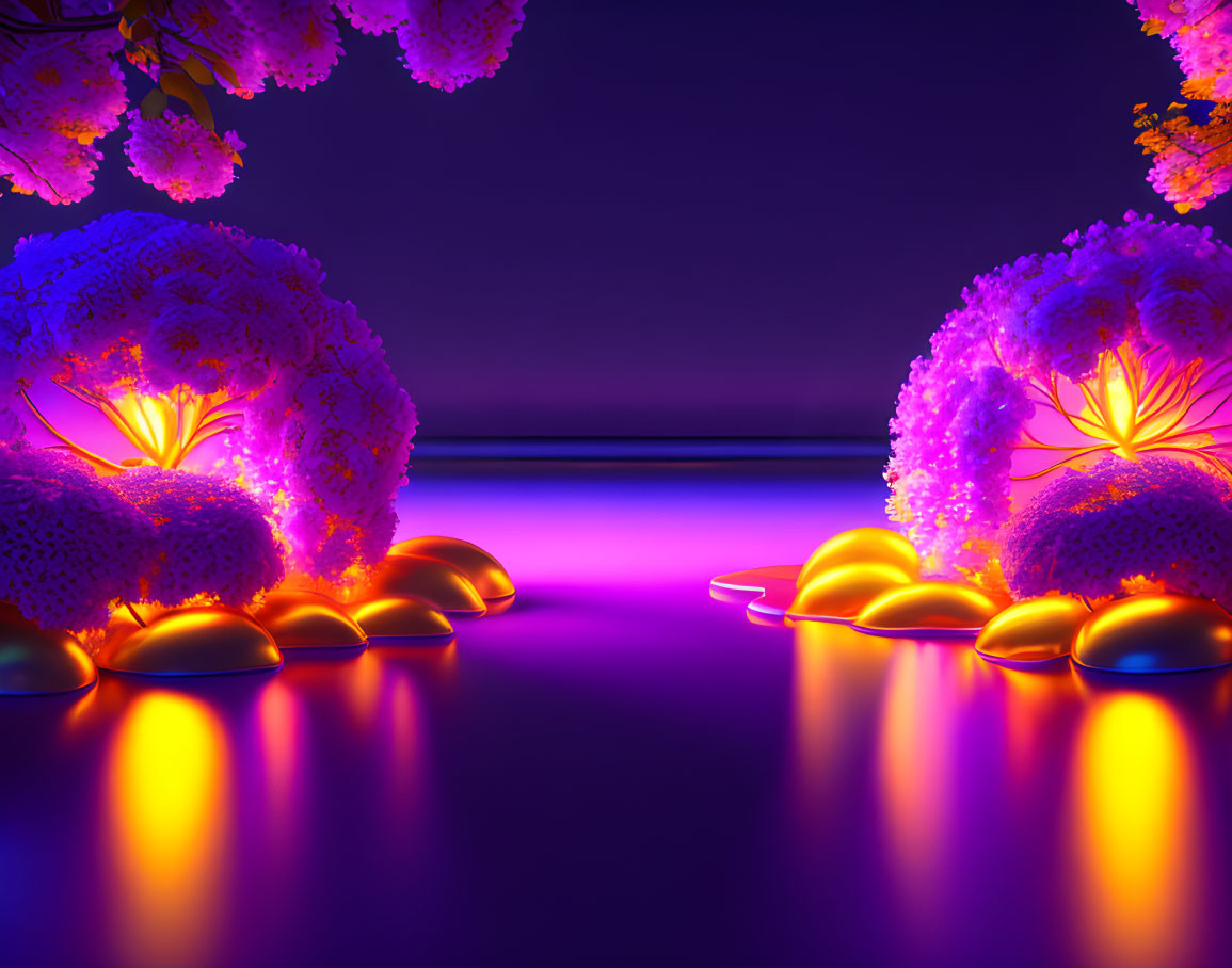 Luminous trees with purple foliage and golden orbs on serene background