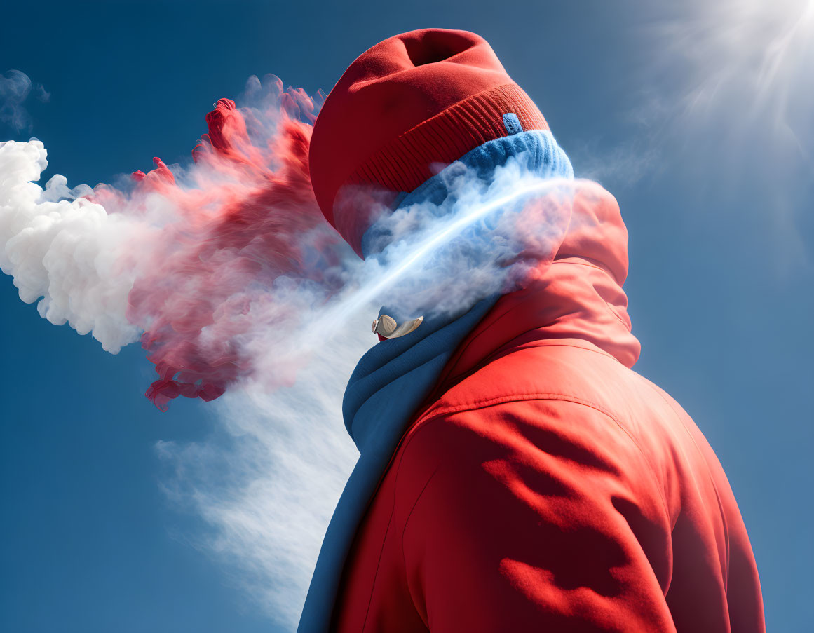 Red Hoodie and Beanie Figure with Red and Blue Smoke Trail on Blue Sky