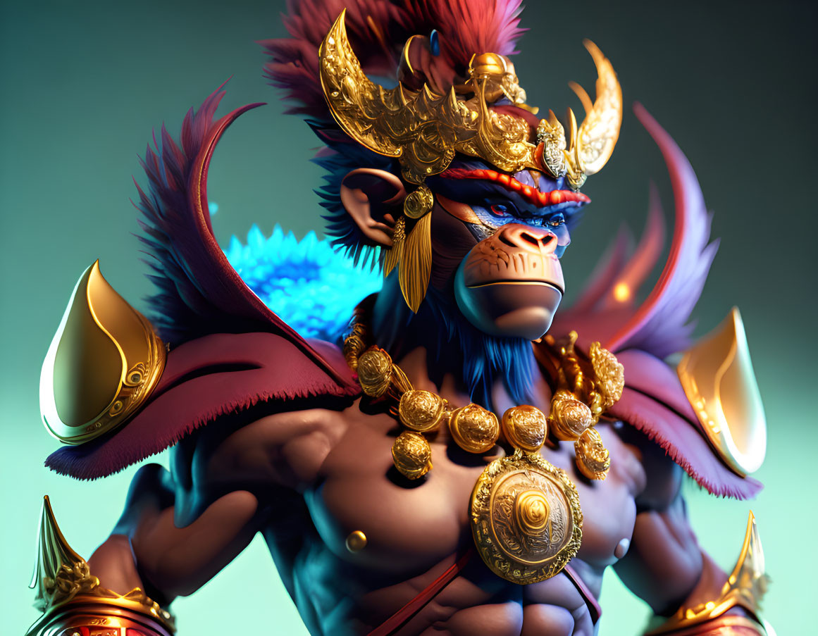 Stylized 3D illustration of muscular monkey creature in golden armor with rich blues and reds