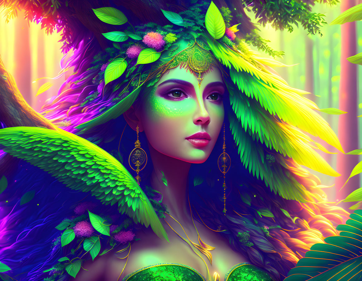 Colorful digital art of woman with feathers, leaves, and nature makeup in forest.