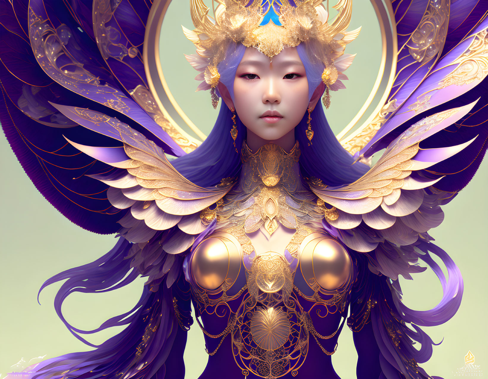 Regal fantasy figure in golden armor with blue face and purple hair
