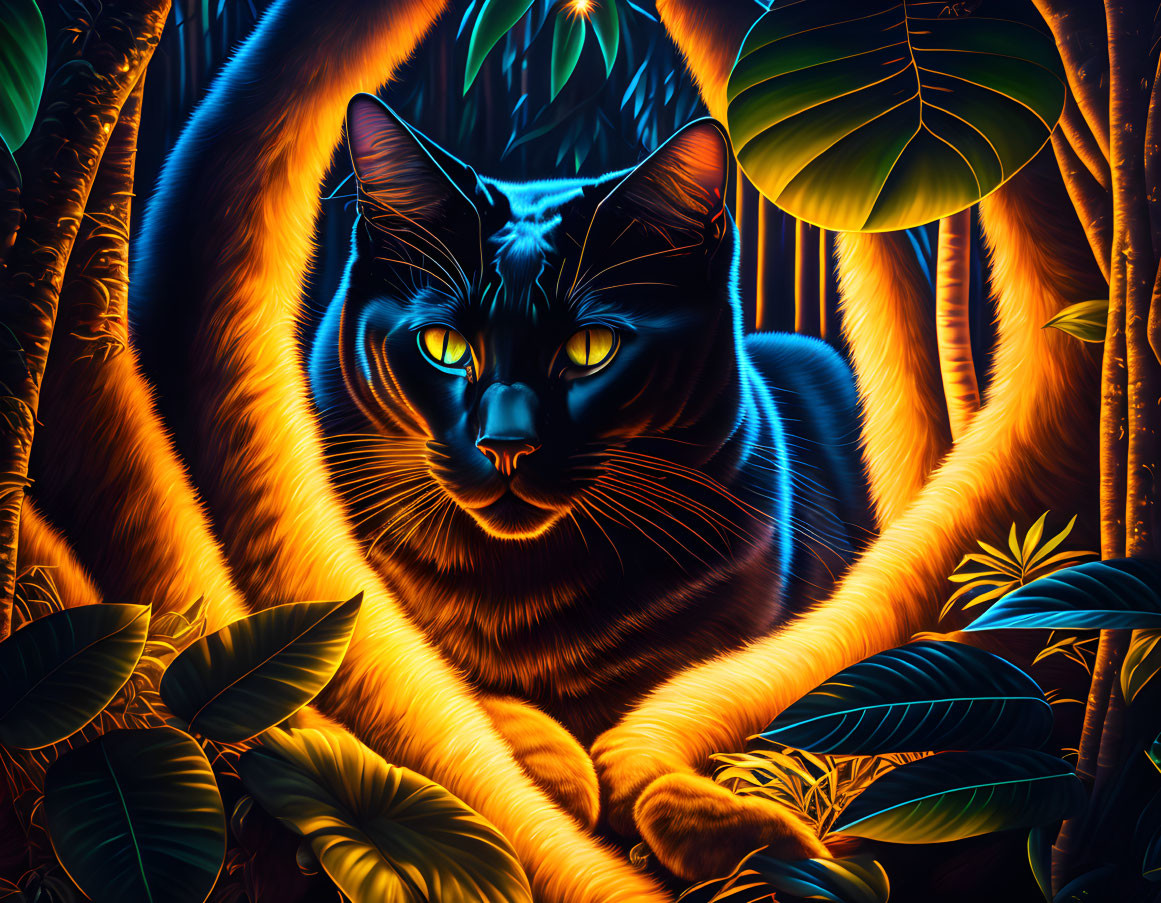 Colorful Digital Art: Cat with Glowing Green Eyes in Neon-lit Tropical Setting