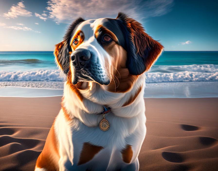 Tricolor dog with medallion on sandy beach, gazing at waves and blue sky