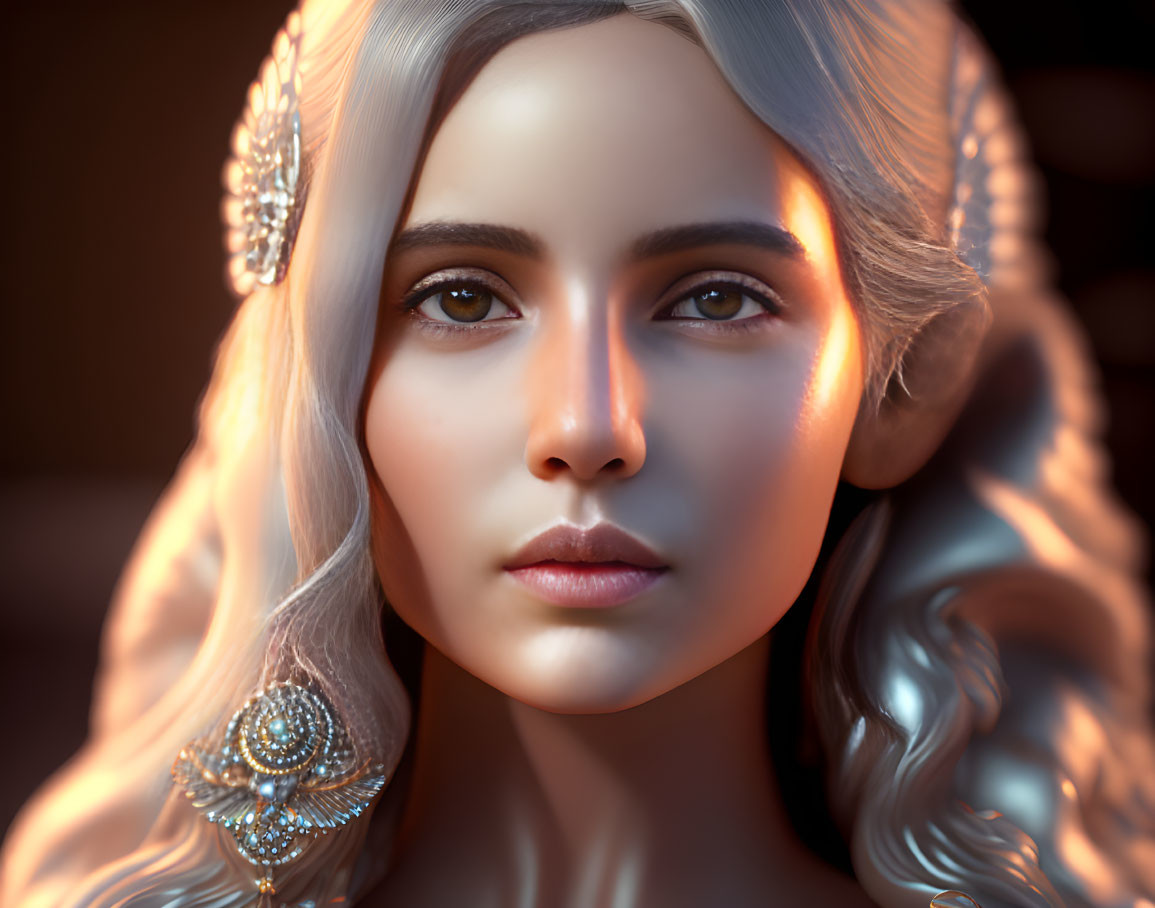 Pale-skinned woman with long white hair and ornate earrings in warm light