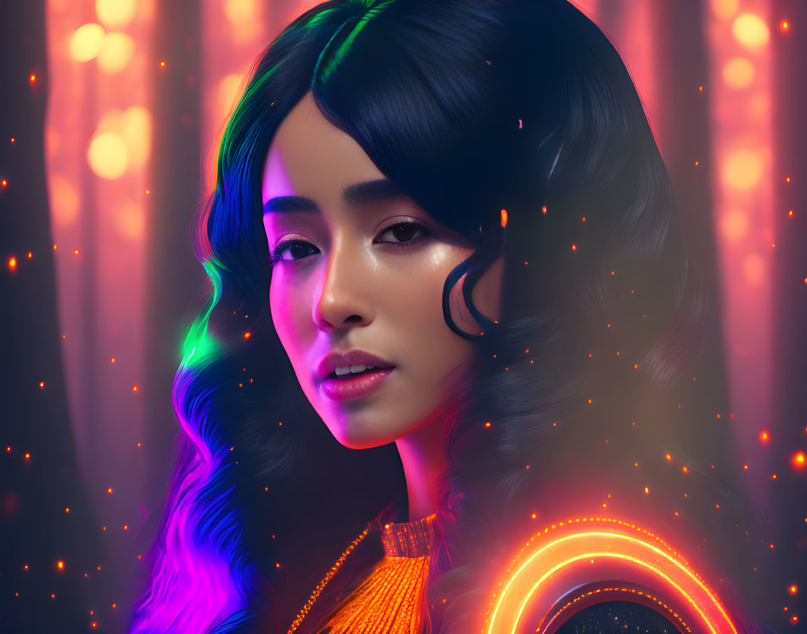 Digital portrait of woman with black wavy hair and subtle makeup under neon lights in futuristic scene