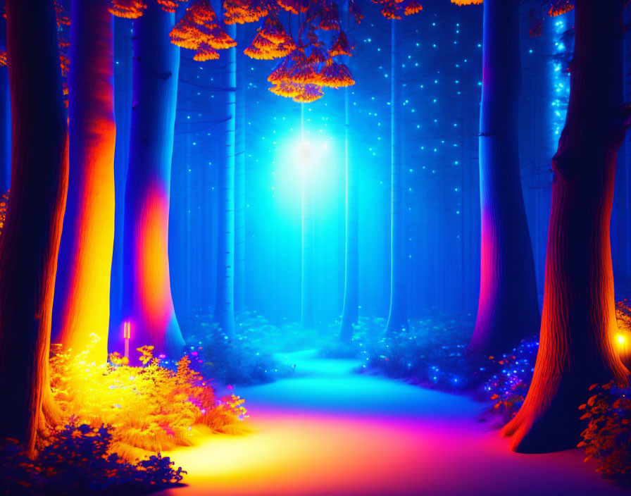 Mystical forest with blue and purple hues and glowing lanterns