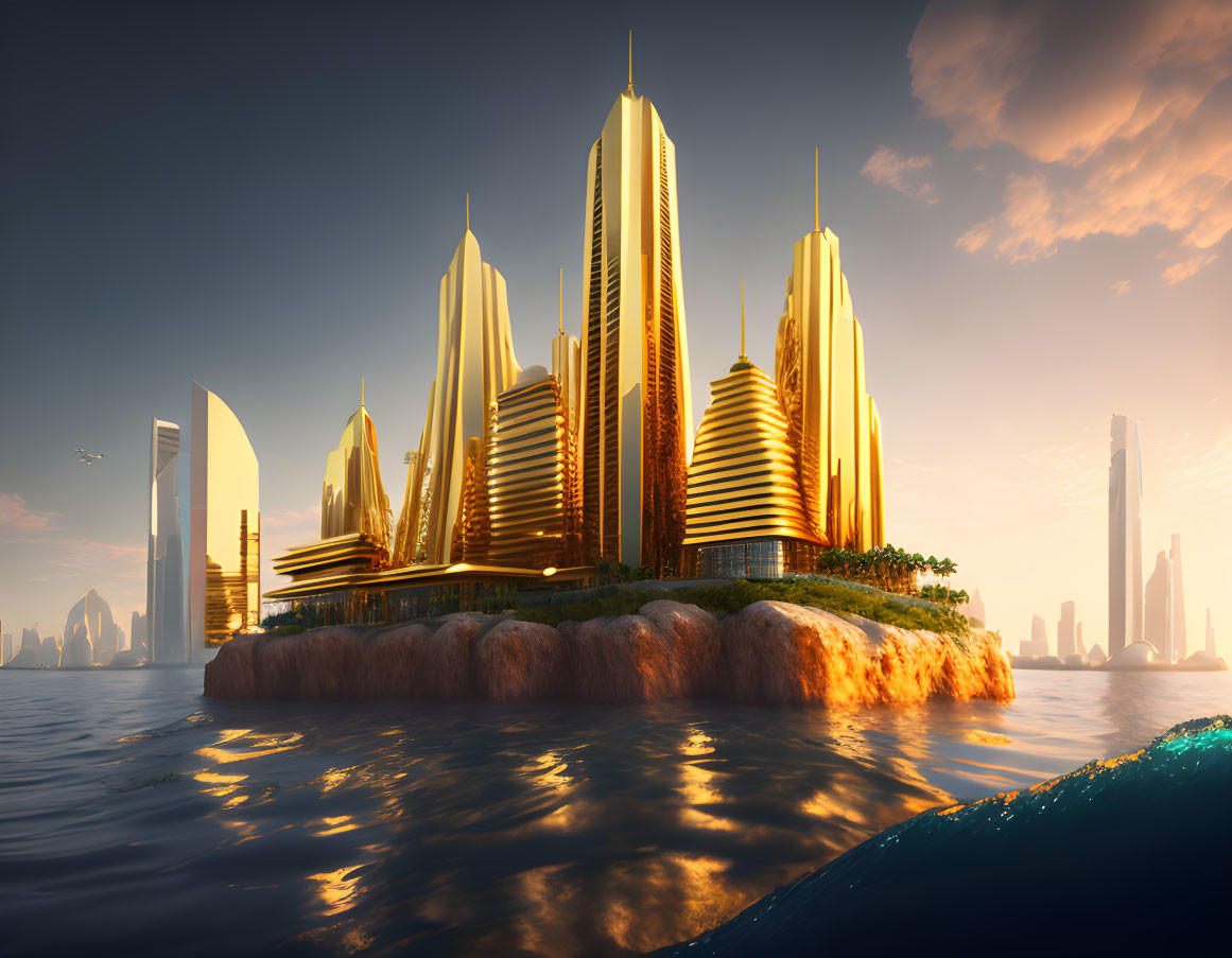 Golden high-rise buildings in futuristic island skyline at sunset