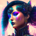 Futuristic female cyborg with blue hair and glowing lights in neon cityscape