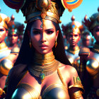 Regal woman with crown and soldiers in golden armor under blue sky