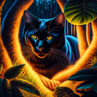 Colorful Digital Art: Cat with Glowing Green Eyes in Neon-lit Tropical Setting