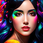 Colorful digital artwork: woman with rainbow hair, bold makeup, and floral hair accessories