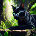 Black Cat with Blue Eyes Resting on Jungle Log Amid Green Foliage