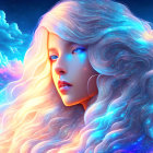 Colorful surreal portrait of fantasy woman with flowing hair and winged creature in starry sky.