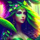 Colorful digital art of woman with feathers, leaves, and nature makeup in forest.