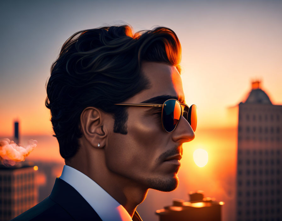 Man in Sunglasses Silhouetted Against Cityscape at Sunset
