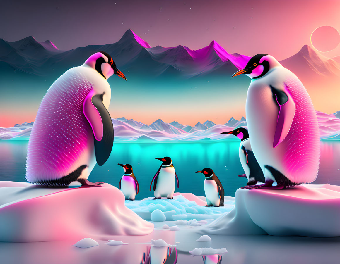 Colorful digital artwork of penguins on icebergs with vibrant mountains and dual-toned sky