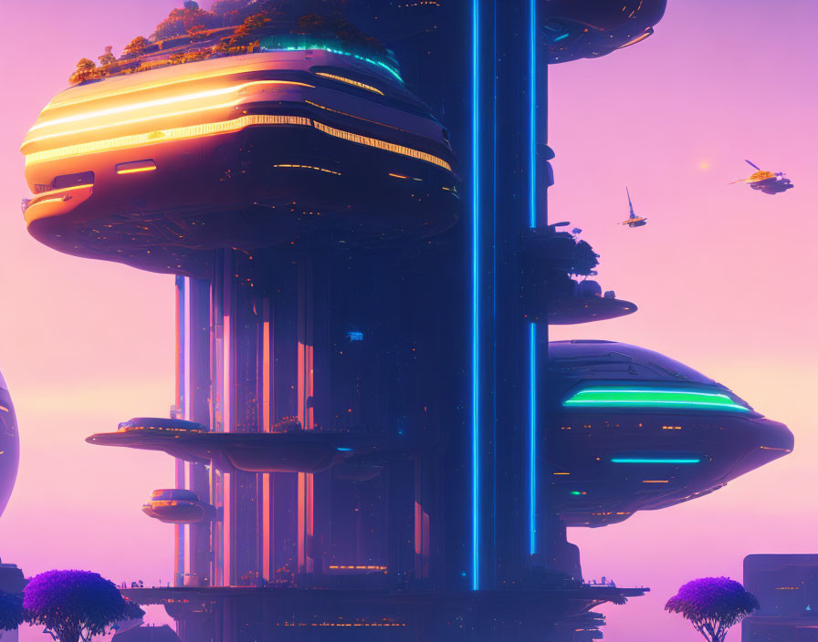 Futuristic cityscape with neon-lit buildings and flying vehicles