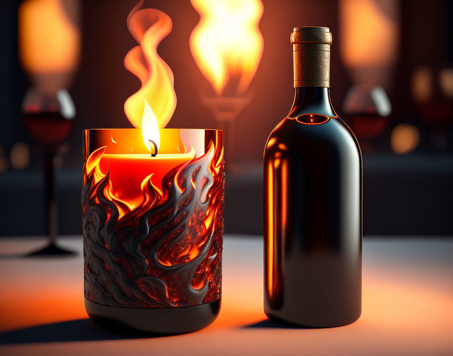 Stylized candle with flame design next to wine bottle and glasses