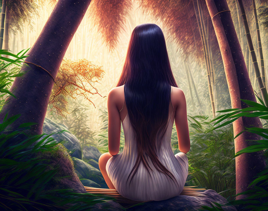 Woman with Long Dark Hair in Peaceful Bamboo Forest