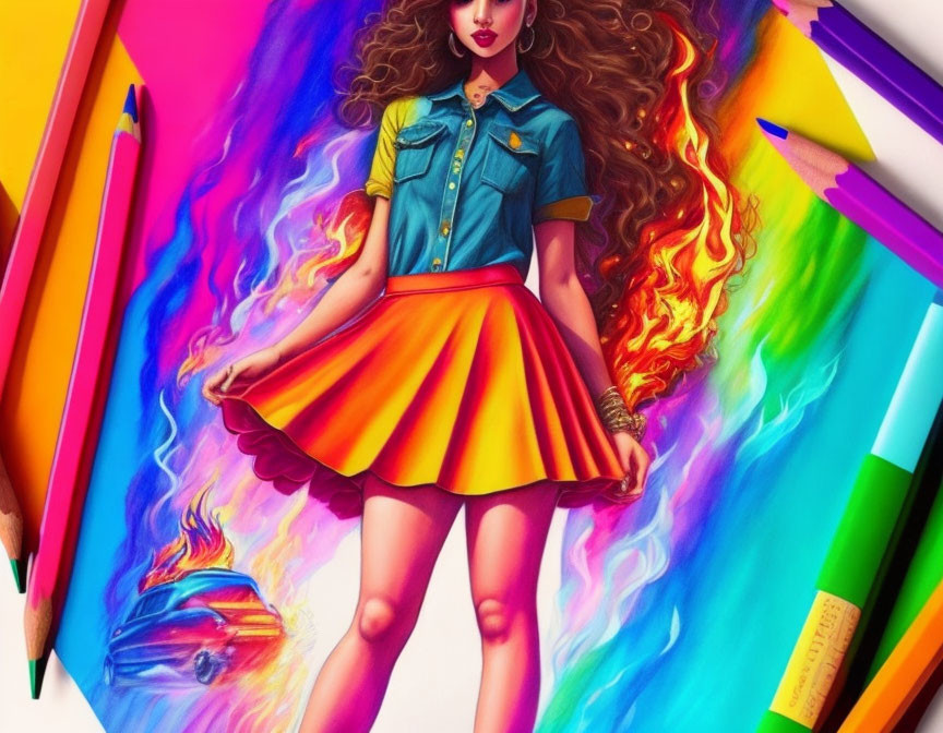 Vibrant drawing of stylish woman in denim shirt and yellow skirt with artistic flames and pencils.