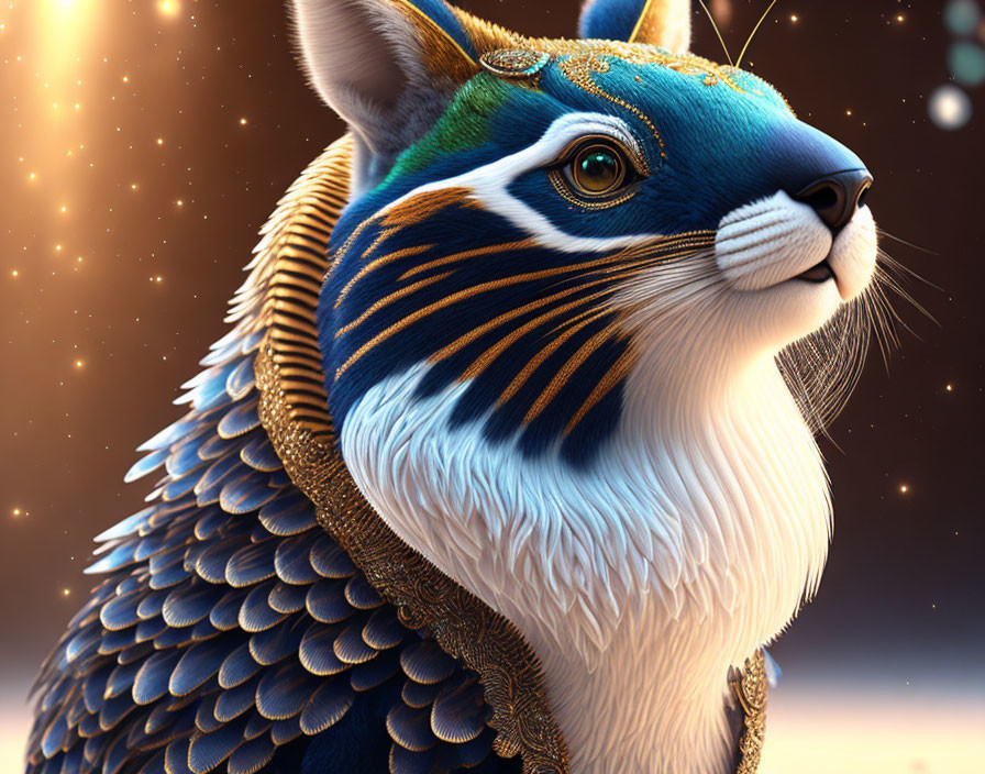 Vibrant blue cat with golden patterns in cosmic setting