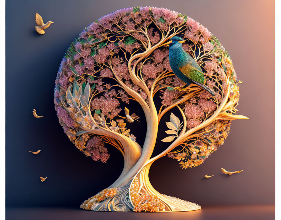 Whimsical circular tree illustration with golden details