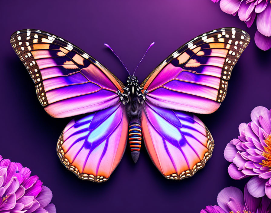 Colorful Butterfly with Purple, Orange, and Black Wings on Purple Background surrounded by Pink Flowers